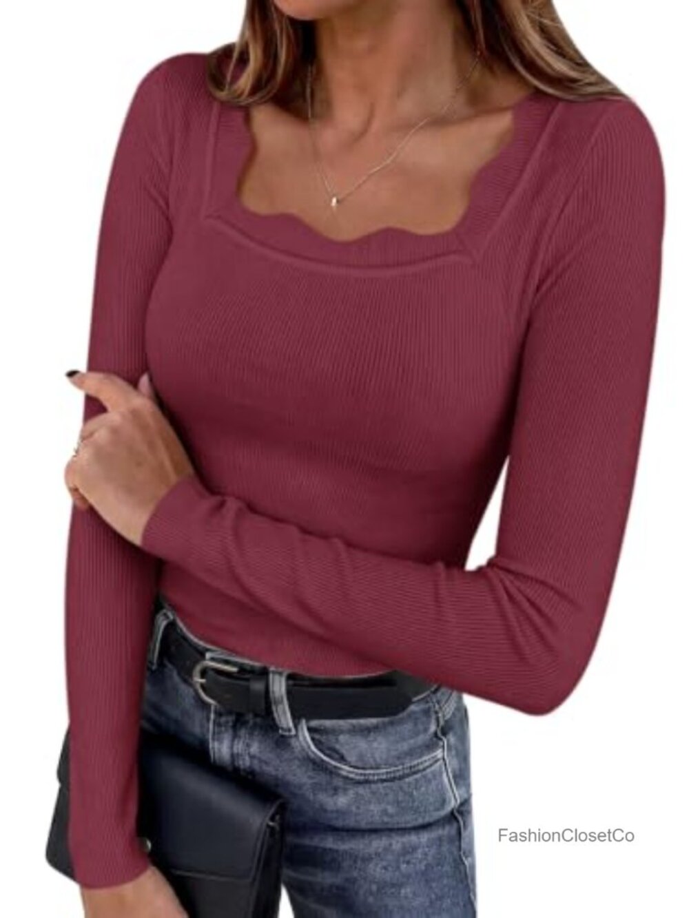 Womens Square Neck Long Sleeve Sweater Ribbed Knit Slim Fit Pullover Scallop